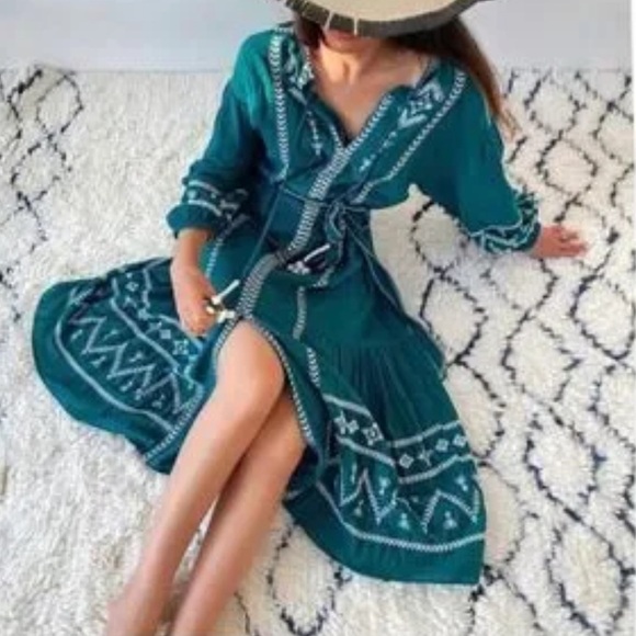 Zara Teal Embroidered Midi Dress - Picture 2 of 9